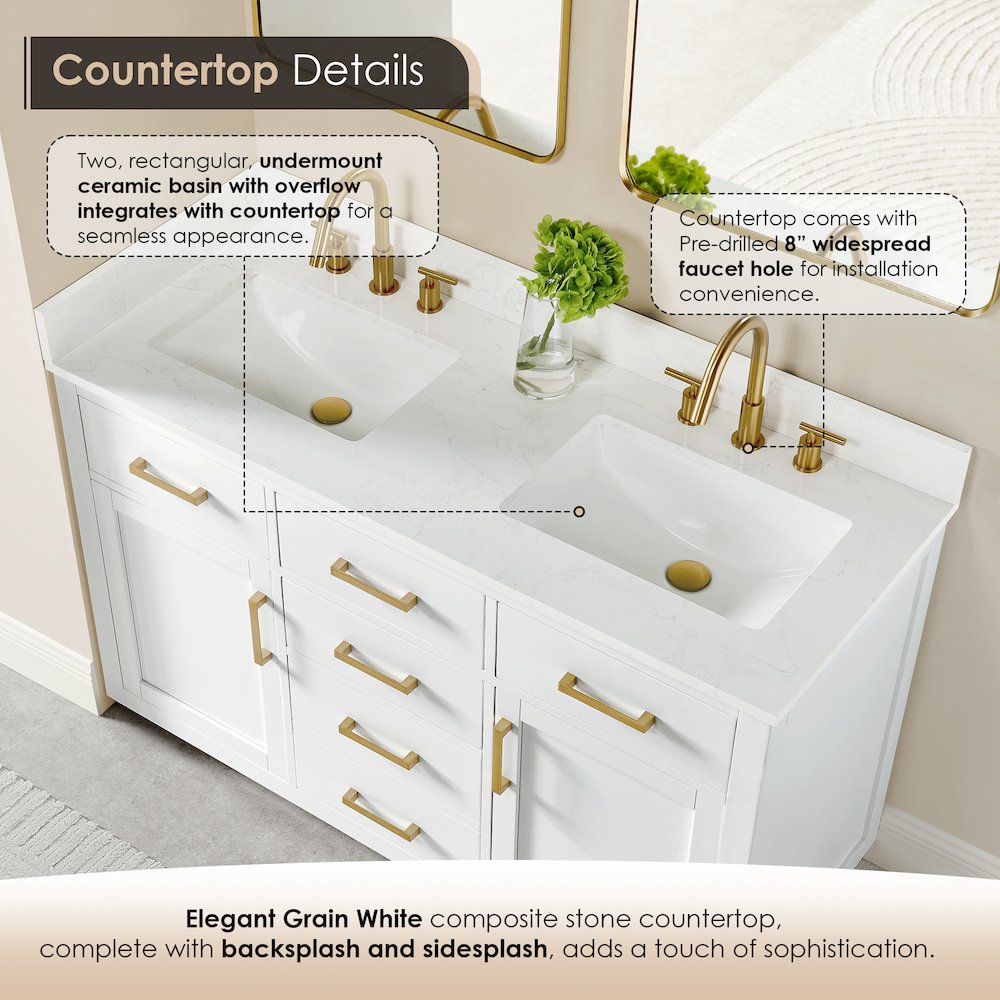 54" Double Bathroom Vanity in White with Grain White. Picture 6