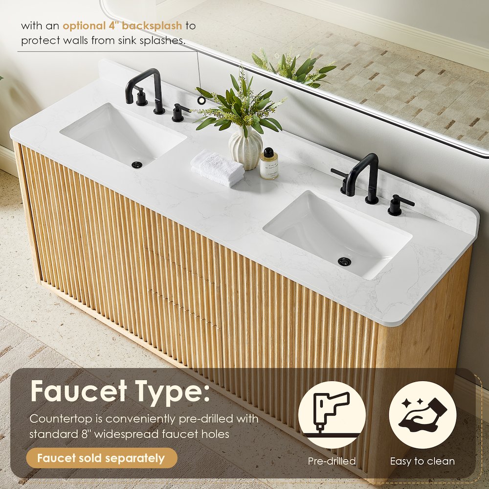 72" Double Bathroom Vanity in Washed Light Brown with Grain White. Picture 8