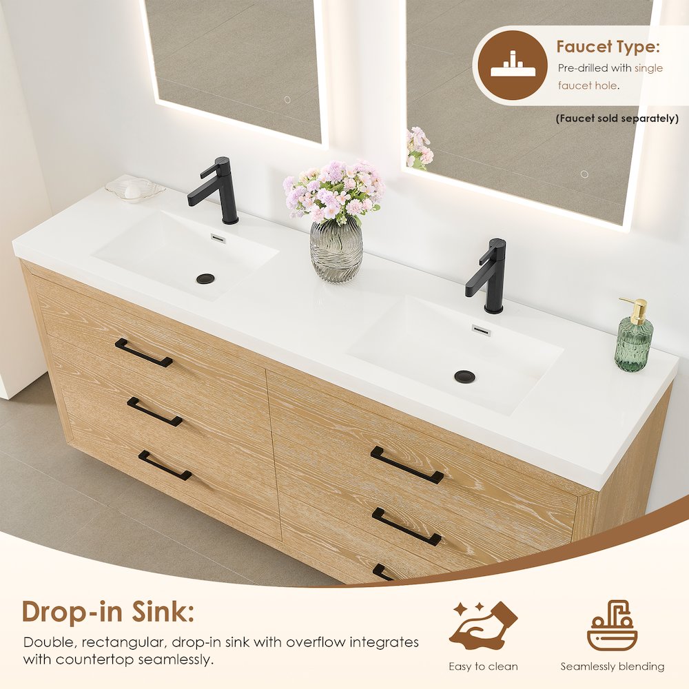 72" Double Bathroom Vanity in White Oak with White Artificial Drop-in Sink. Picture 5