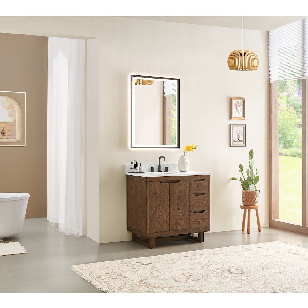 36" Single Bathroom Vanity in Brown Brushed Oak with Grain White. Picture 14