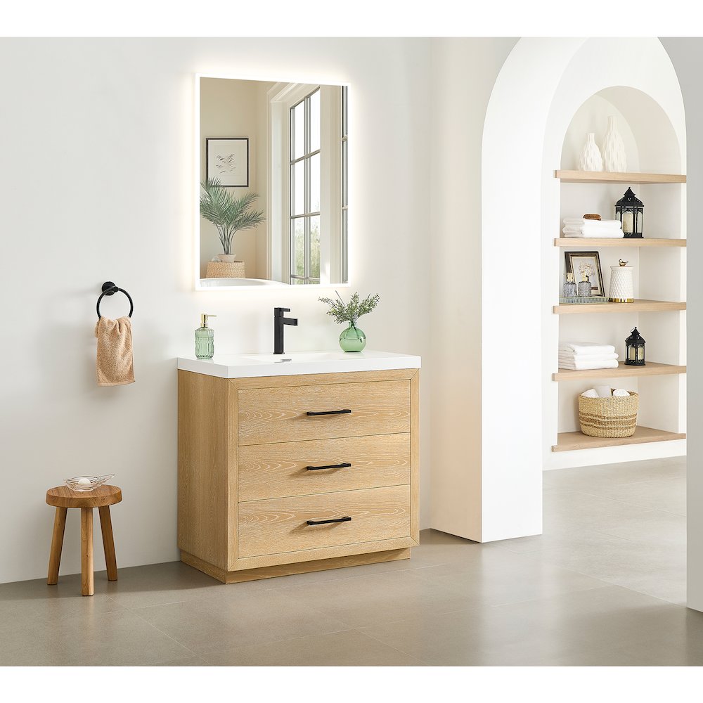 36" Single Bathroom Vanity in White Oak with White Artificial Drop-in Sink. Picture 14