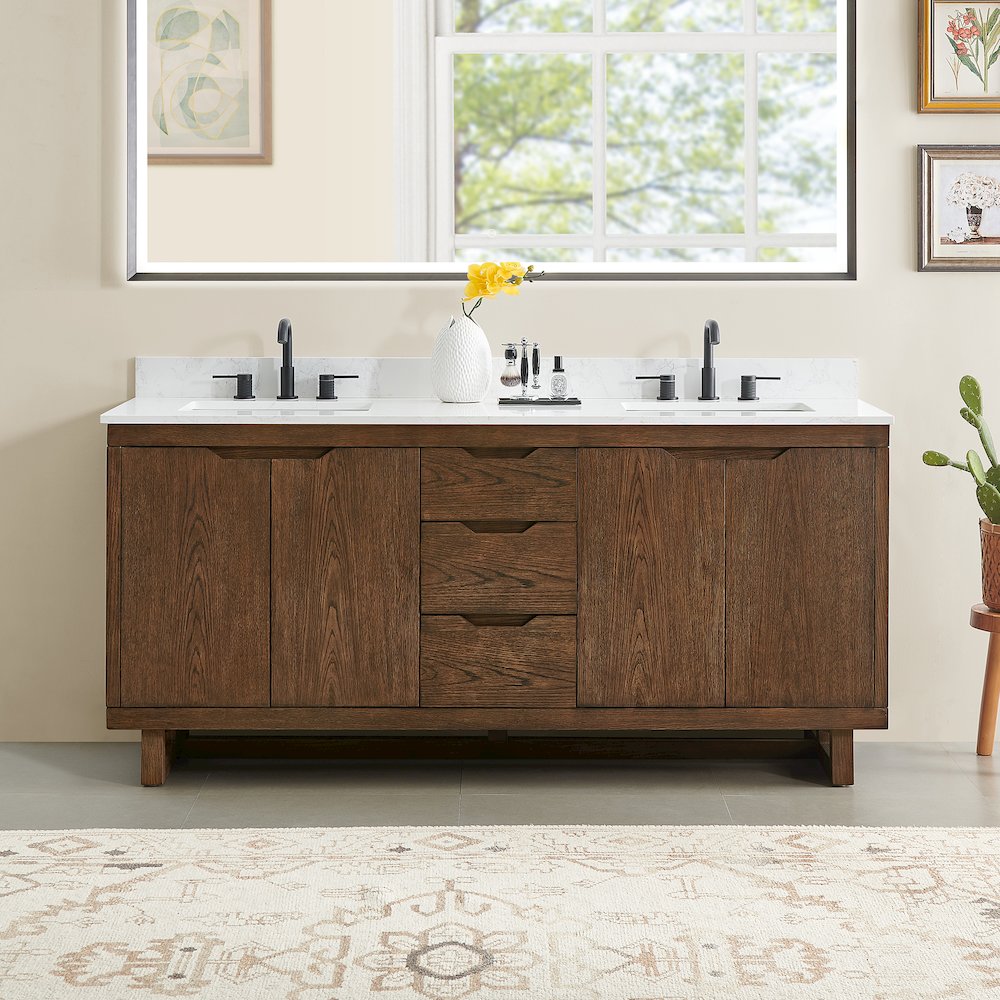 72" Double Bathroom Vanity in Brown Brushed Oak with Grain White. Picture 2