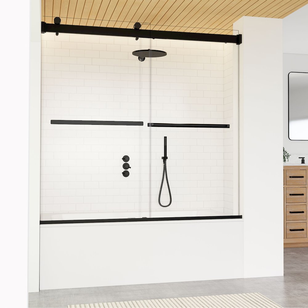 Marcelo 60" W x 58" H By Pass Frameless Tub Door in Matte Black with Clear Glass. Picture 4