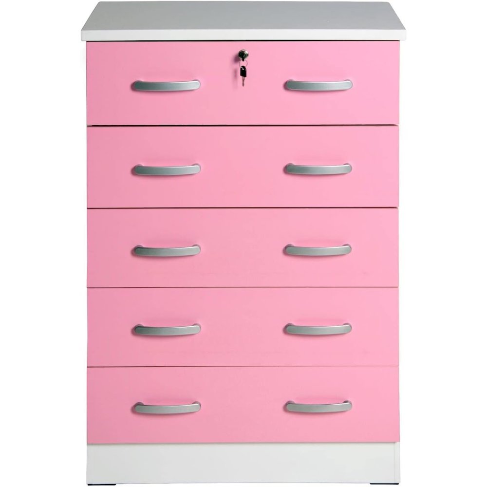 Better Home Products Cindy 5 Drawer Chest Wooden Dresser with Lock in Pink. Picture 4