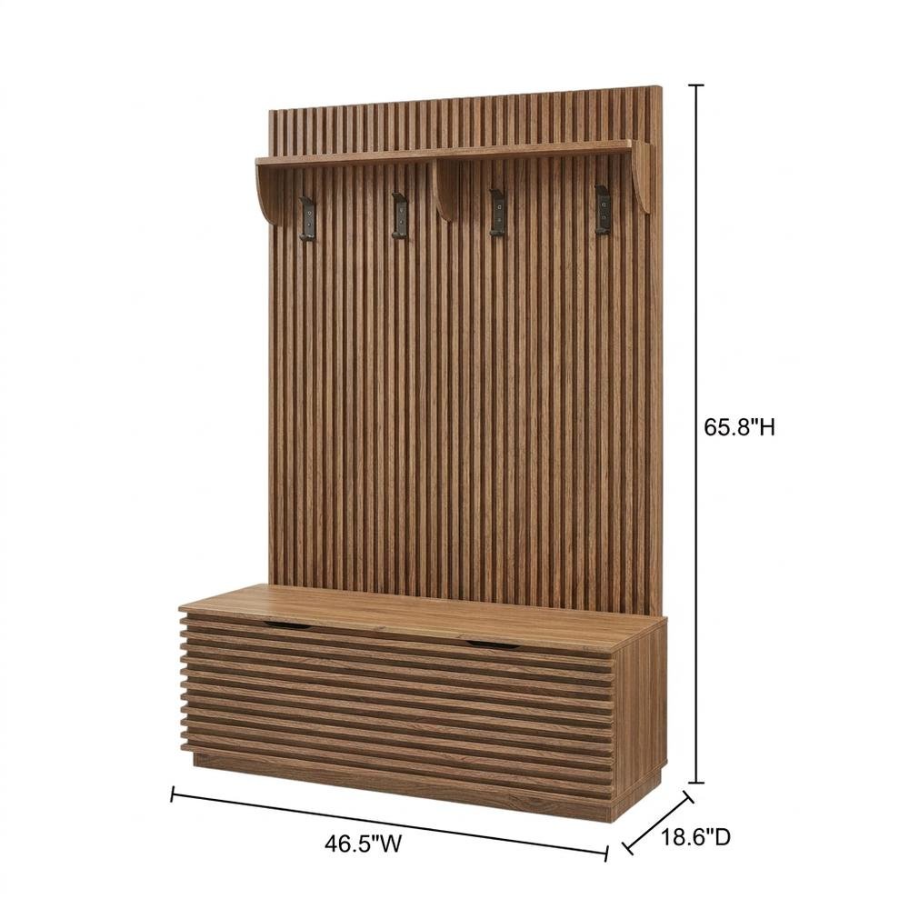 Fluted Hall Tree with Storage Bench, Coat Rack & Shoe Storage, Entryway, Walnut. Picture 4