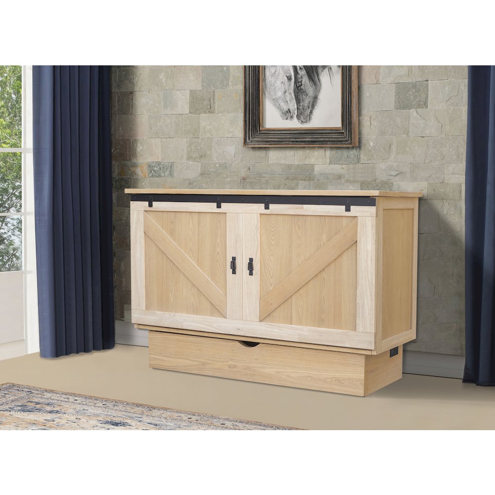 Farmhouse Style Queen Cabinet Bed in White Oak Finish Rustic Compact Sleeper. Picture 3