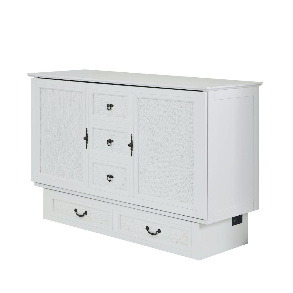 White Queen Cabinet Bed with Wicker Detail and Integrated USB Port Wood. Picture 1