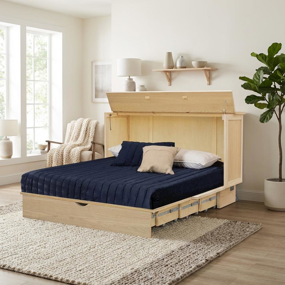 Queen Wood Cabinet Bed White Oak Finish with Metal Drawer Glides and Storage. Picture 2