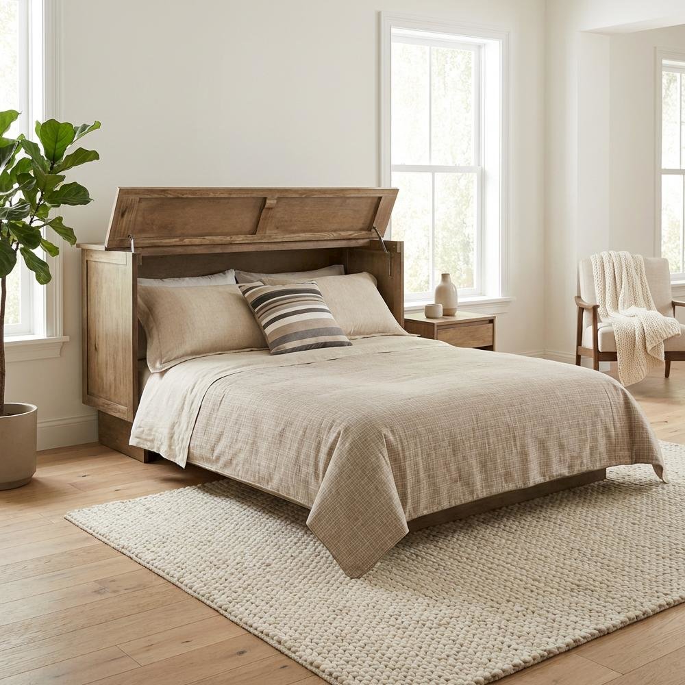 Queen Wood Cabinet Bed Light Ash Finish - Space-Saving Wall Mount Sleep Solution. Picture 2