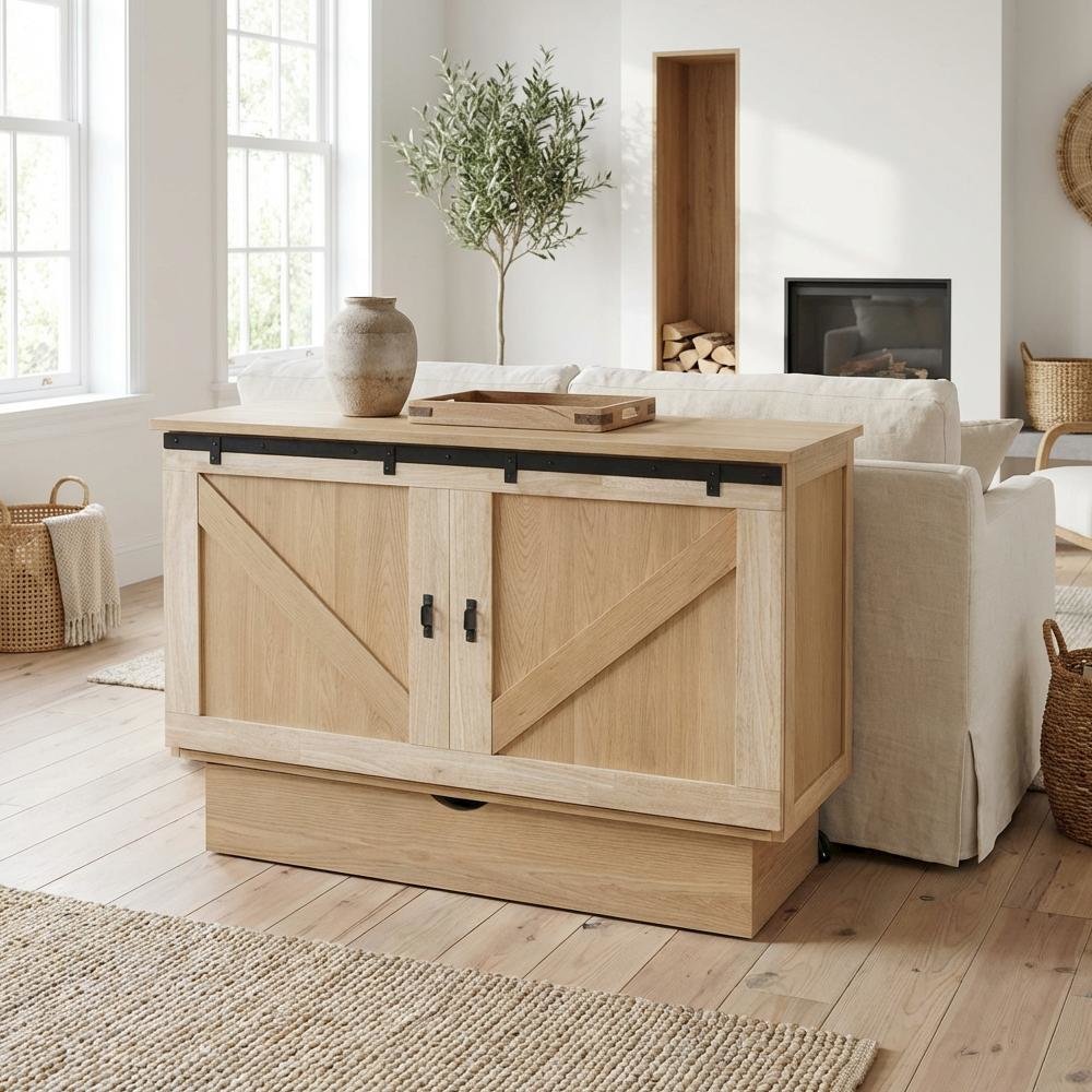 Queen Wood Cabinet Bed White Oak Finish with Metal Drawer Glides and Storage. Picture 3