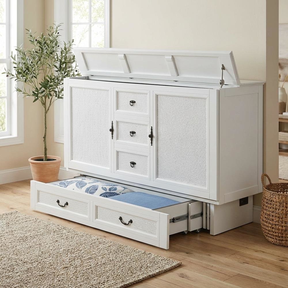 White Queen Cabinet Bed with Wicker Detail and Integrated USB Port Wood. Picture 2