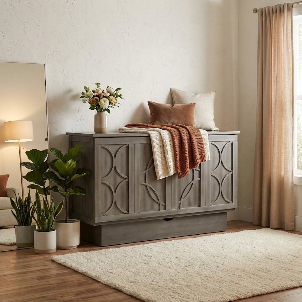 Modern Gray Queen Cabinet Bed Wood Frame with Free Standing Design, Usable Top. Picture 2