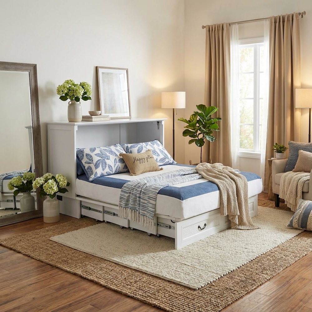 White Queen Cabinet Bed with Wicker Detail and Integrated USB Port Wood. Picture 3