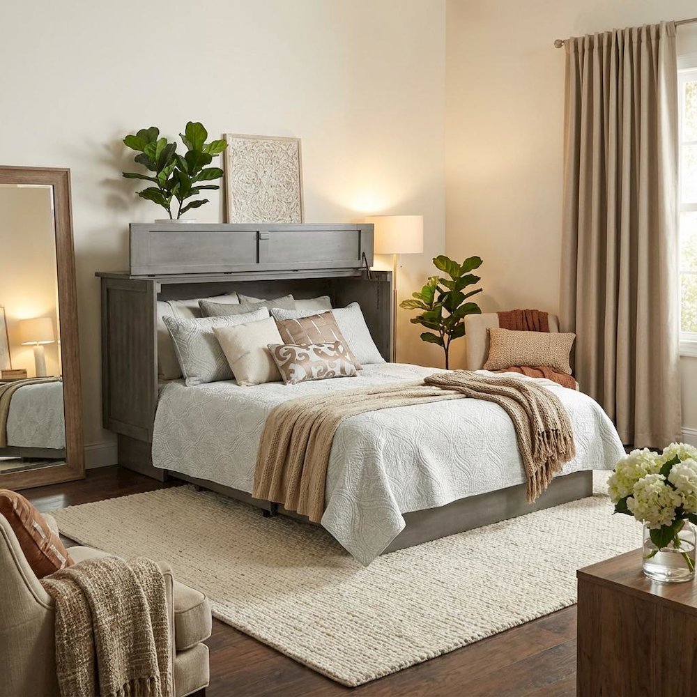 Modern Gray Queen Cabinet Bed Wood Frame with Free Standing Design, Usable Top. Picture 3