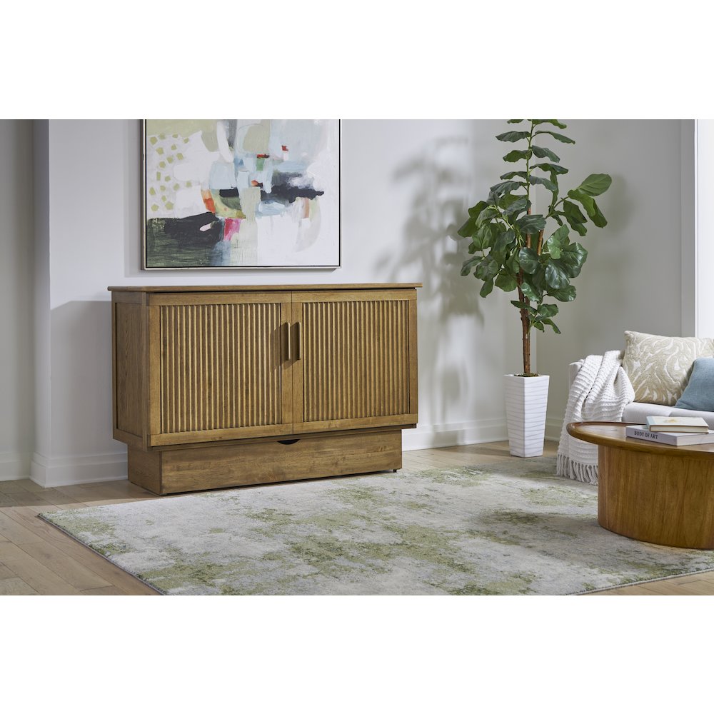 Queen Cabinet Bed in Warm Brown with Reeded Design Details Flip-Top. Picture 3