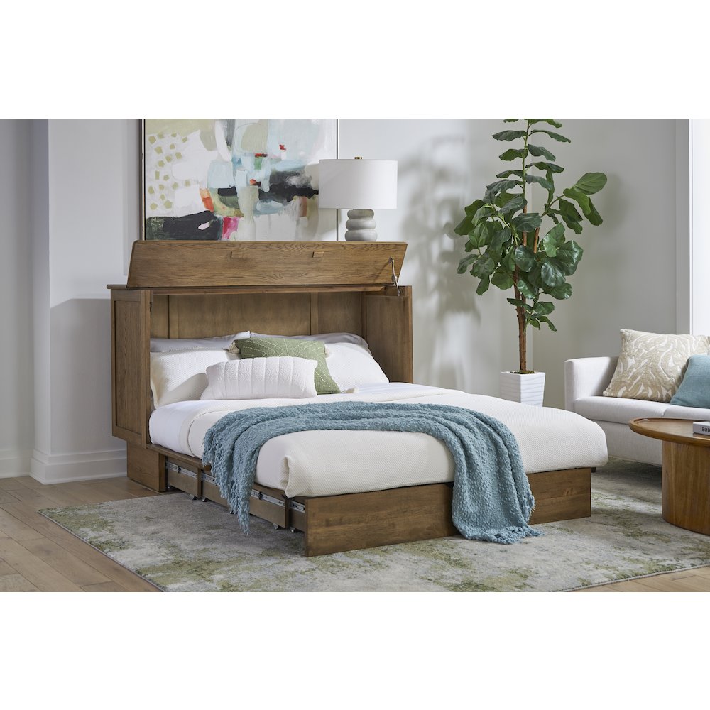 Queen Cabinet Bed in Warm Brown with Reeded Design Details Flip-Top. Picture 2