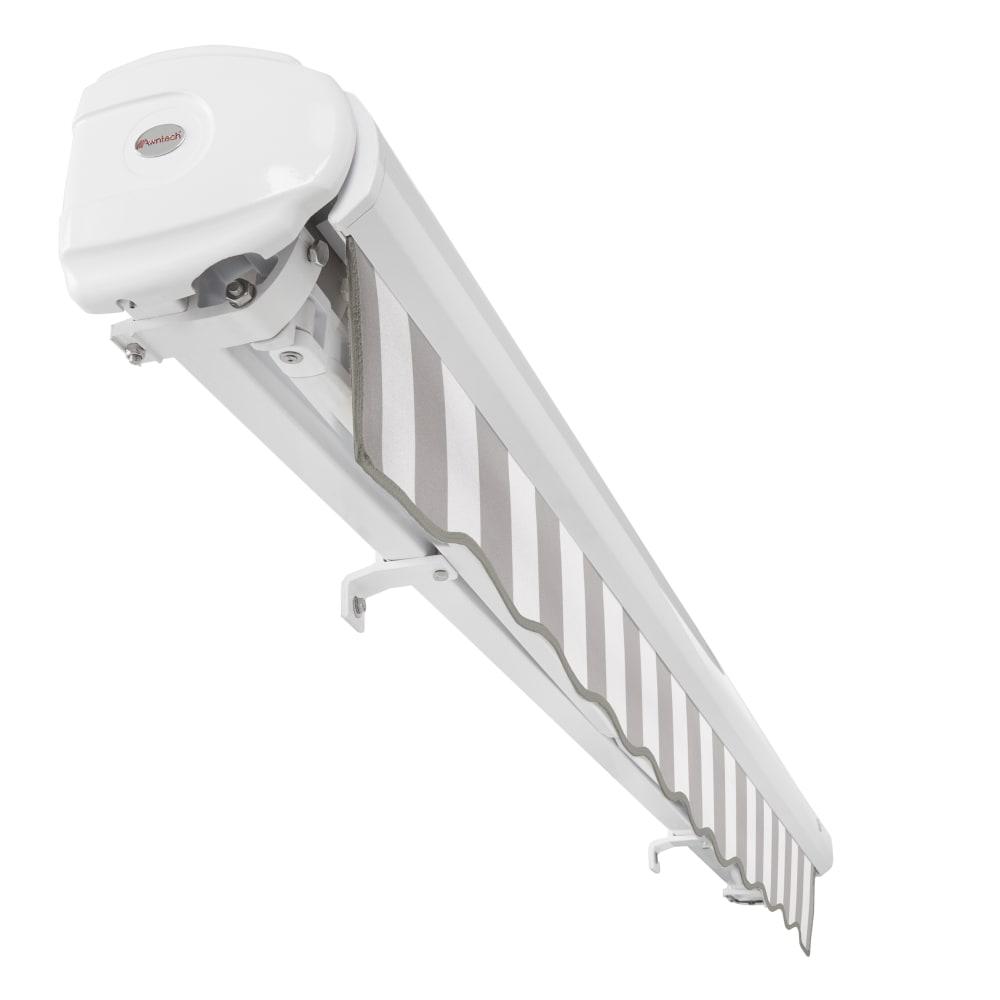 Full Cassette Right Motorized Patio Retractable Awning, Gray/White Stripe. Picture 5