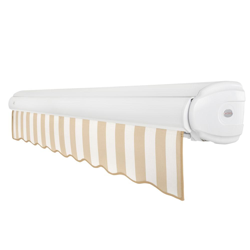 Full Cassette Left Motorized Patio Retractable Awning, Linen/White Stripe. Picture 2