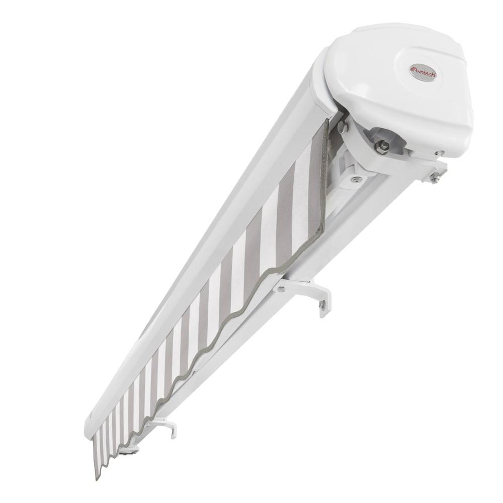 Full Cassette Left Motorized Patio Retractable Awning, Gray/White Stripe. Picture 5