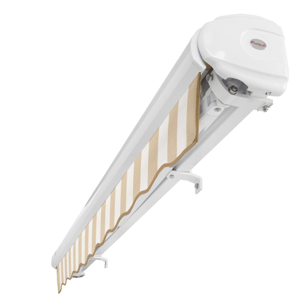 Full Cassette Left Motorized Patio Retractable Awning, Linen/White Stripe. Picture 5