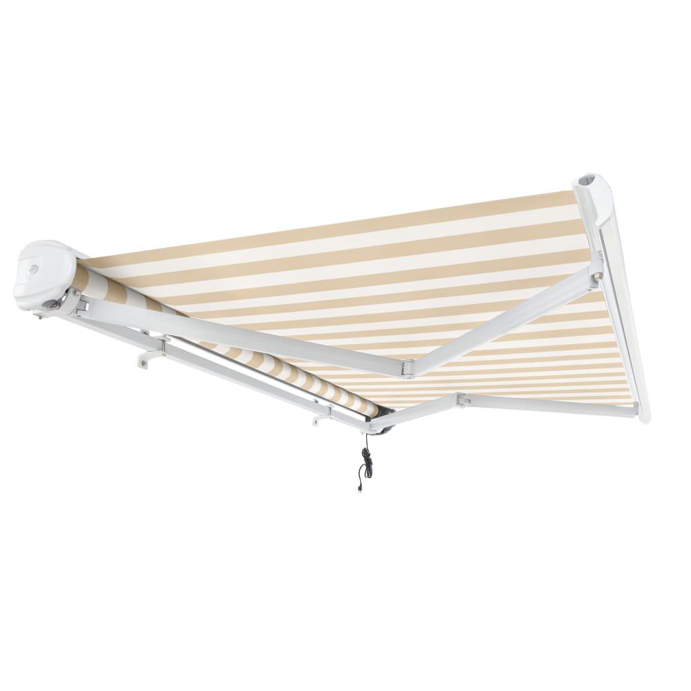 Full Cassette Right Motorized Patio Retractable Awning, Linen/White Stripe. Picture 7