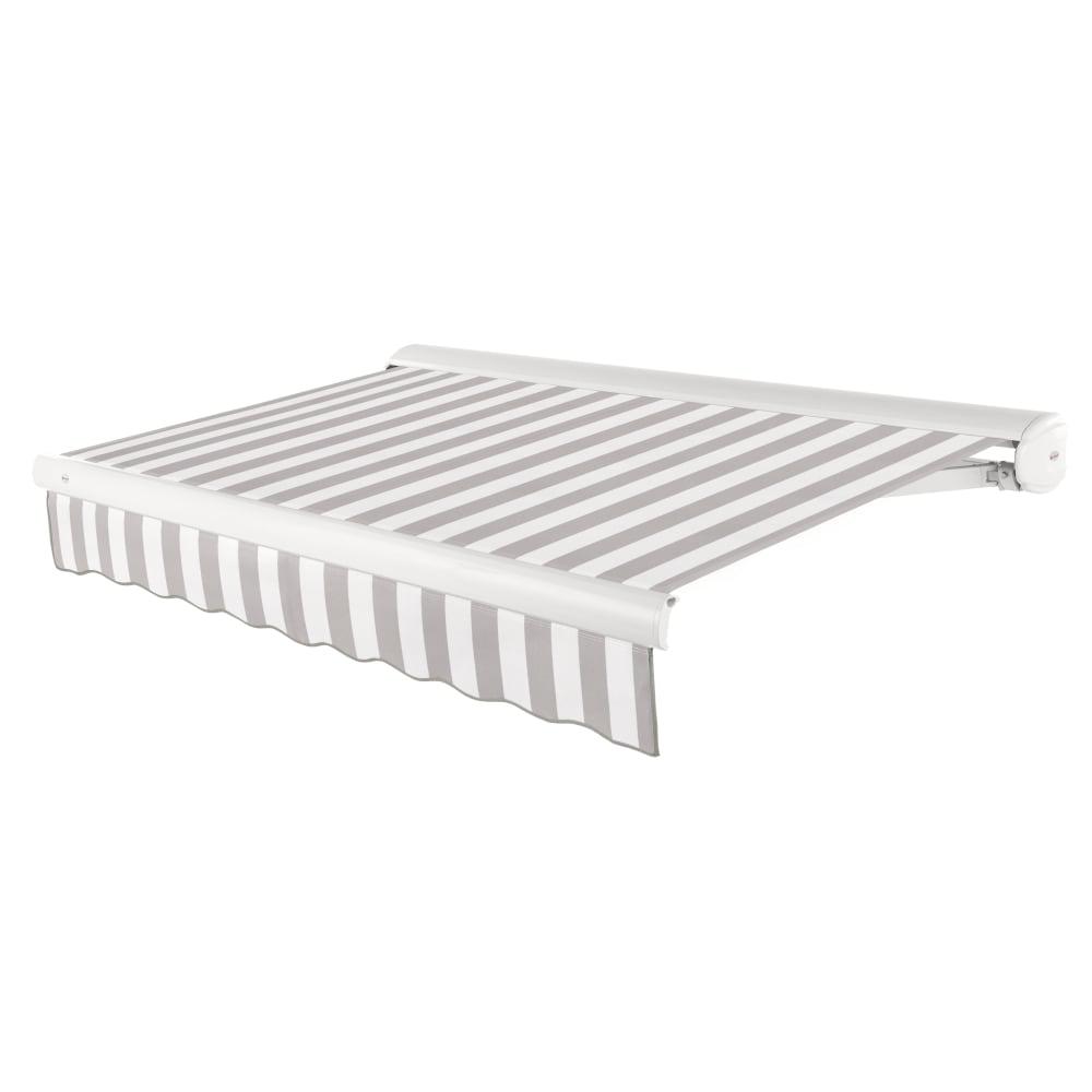 Full Cassette Left Motorized Patio Retractable Awning, Gray/White Stripe. Picture 1