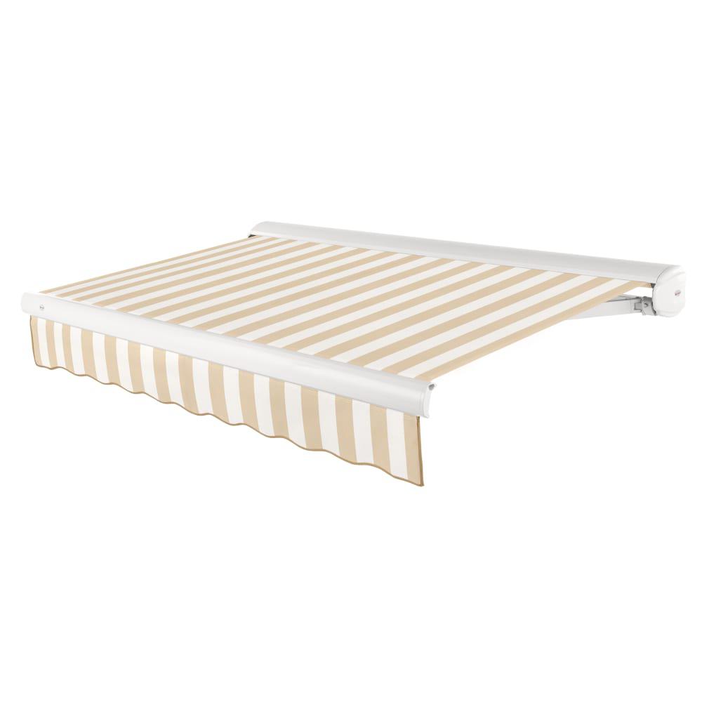 Full Cassette Left Motorized Patio Retractable Awning, Linen/White Stripe. Picture 1