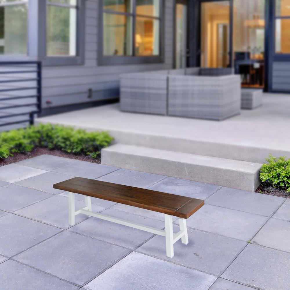 AmeriHome Indoor/Outdoor 63 in. Bench with Acacia Top and Metal Base - White. Picture 2