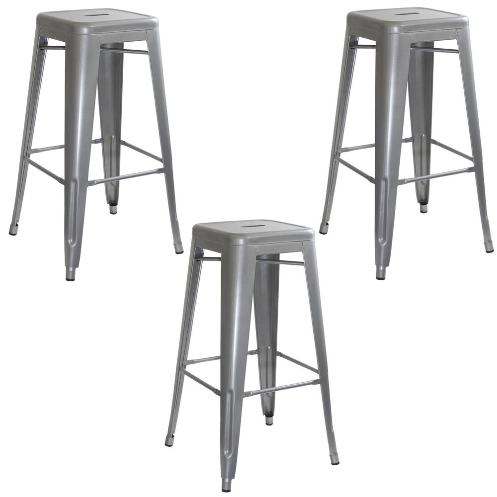 AmeriHome Loft Silver Metal Bar Stool - 3 Piece. Picture 1