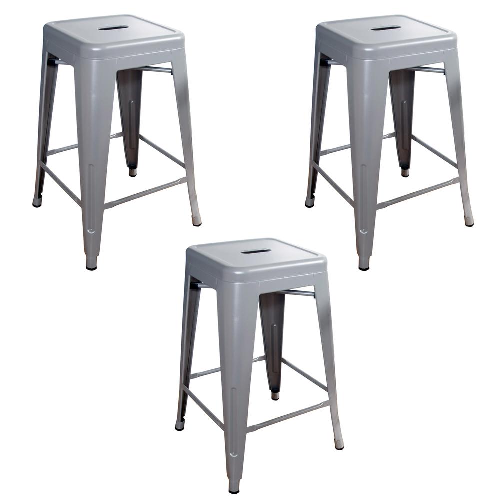 AmeriHome Loft Silver 24 in. Metal Bar Stool - 3 Piece. Picture 1