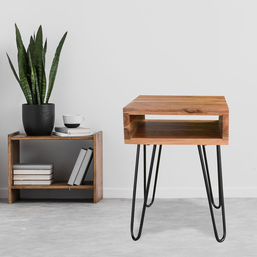 Acacia Wood Hair Pin Open Shelf End Table - Thumbnail 3