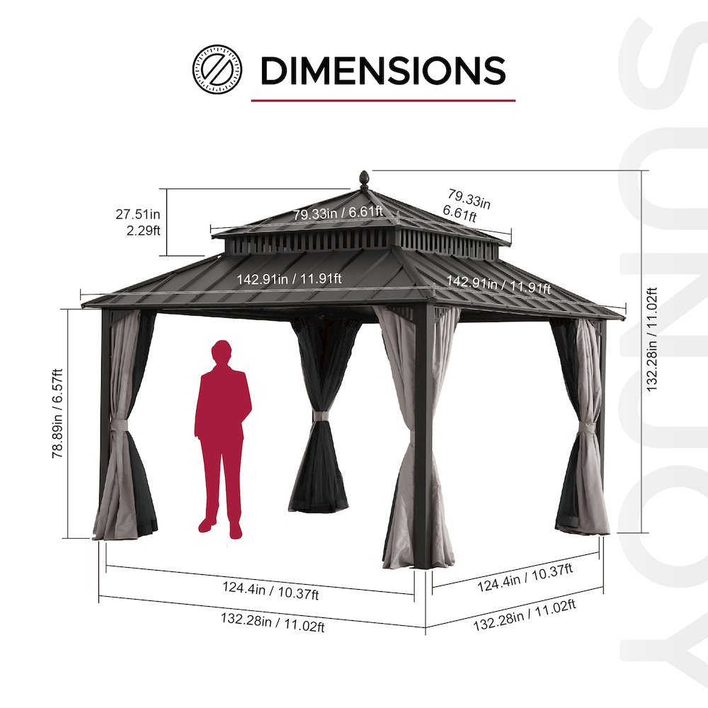 12 ft x 12 ft Aluminum Frame Steel Double Roof Hardtop Rectangular Gazebo. Picture 6