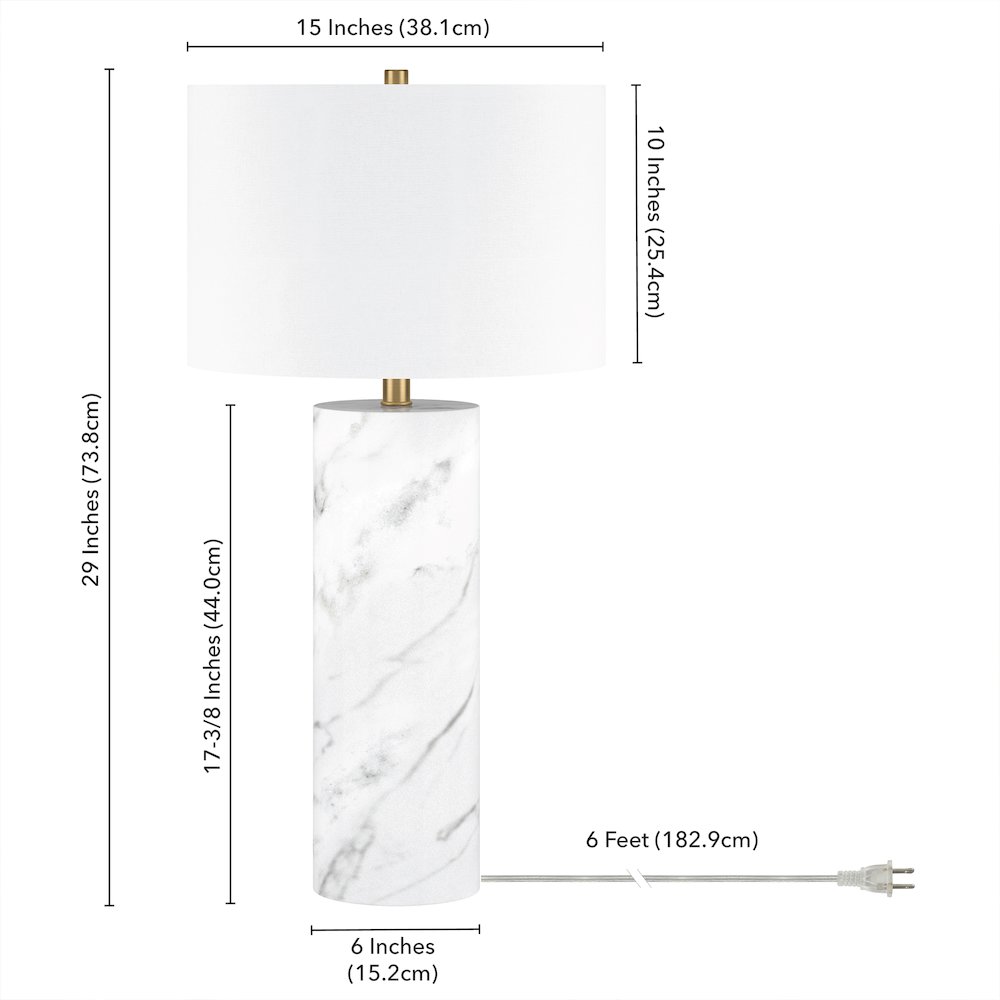 Elise 30" Tall Table Lamp with Fabric Shade in Marble/Brass/White. Picture 3