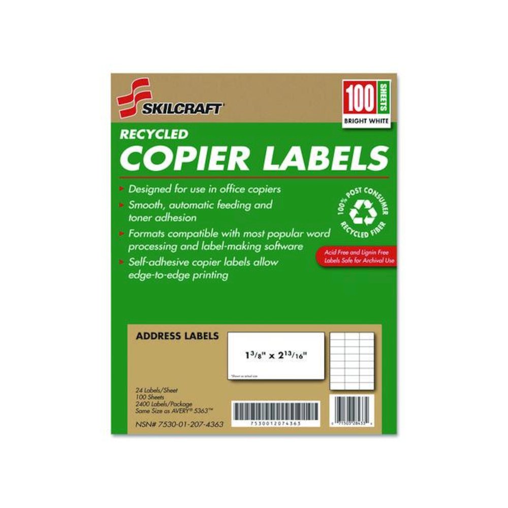 7530012074363, SKILCRAFT Recycled Copier Labels, Copiers, 1.38 x 2.81, White, 24/Sheet, 100 Sheets/Box. Picture 1