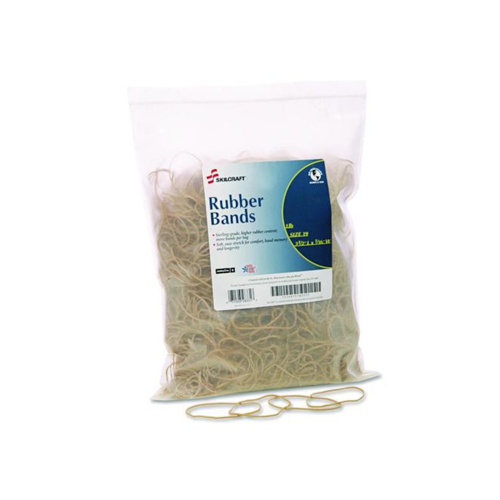 7510015783515, SKILCRAFT Rubber Bands, Size 19, 0.03" Gauge, Beige, 1 lb Box, 1,700/Pack. Picture 1