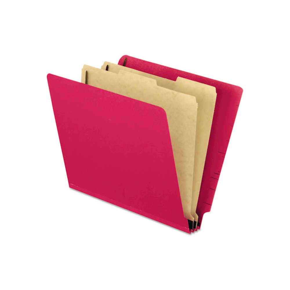 Pressboard End Tab Classification Folders, Straight Tab, Expands 2", 2 Dividers, 6 Fasteners, Letter Size, Red, 10/Box. Picture 1