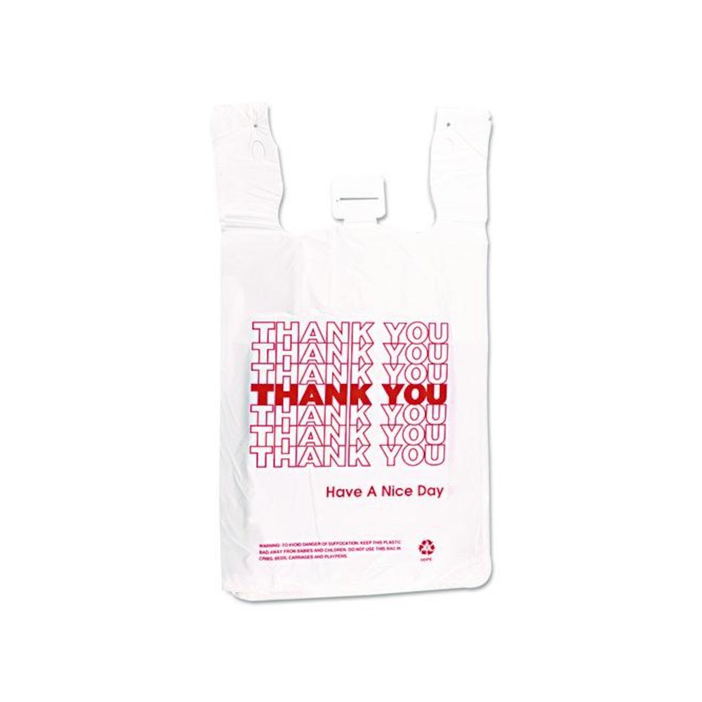 HDPE T-Shirt Bags, Thank You - Have a Nice Day Labeling, Cut-Out Handles, 12" x 7" x 23", White/Red, 500/Carton. Picture 1