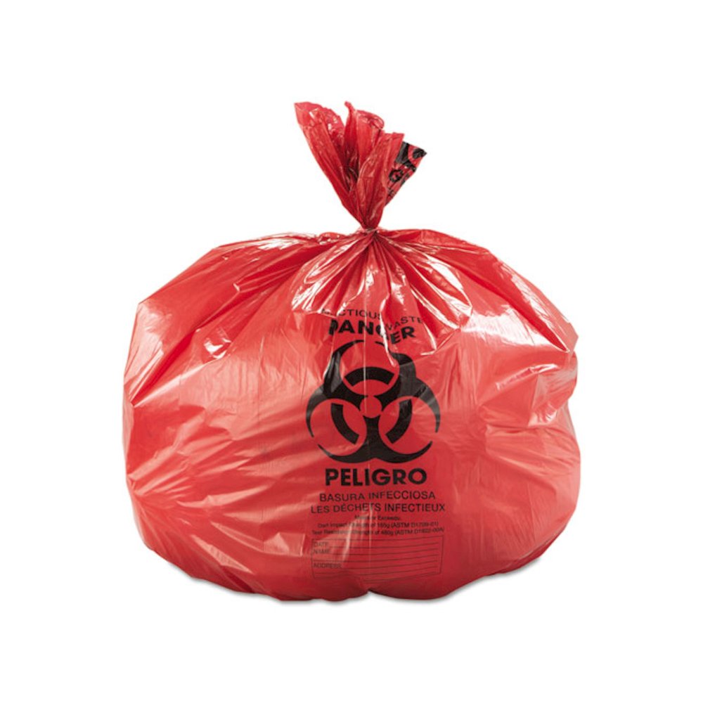 Low-Density Commercial Can Liners, Infectious Waste Biohazard, 45 gal, 1.3 mil, 40" x 46", Red, Interleaved, 20/RL, 5 RL/CT. Picture 3