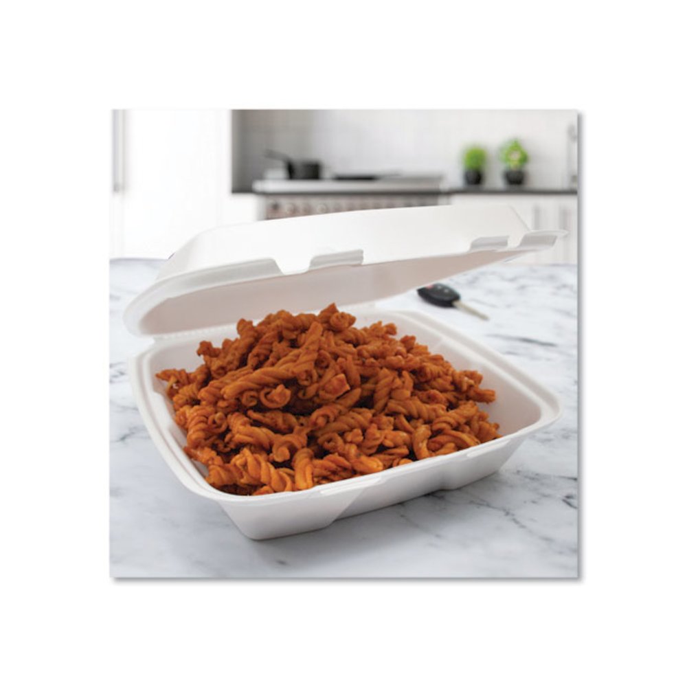 Foam Hinged Lid Container, Performer Perforated Lid, 9 x 9.4 x 3, White, 100/Bag, 2 Bag/Carton. Picture 5