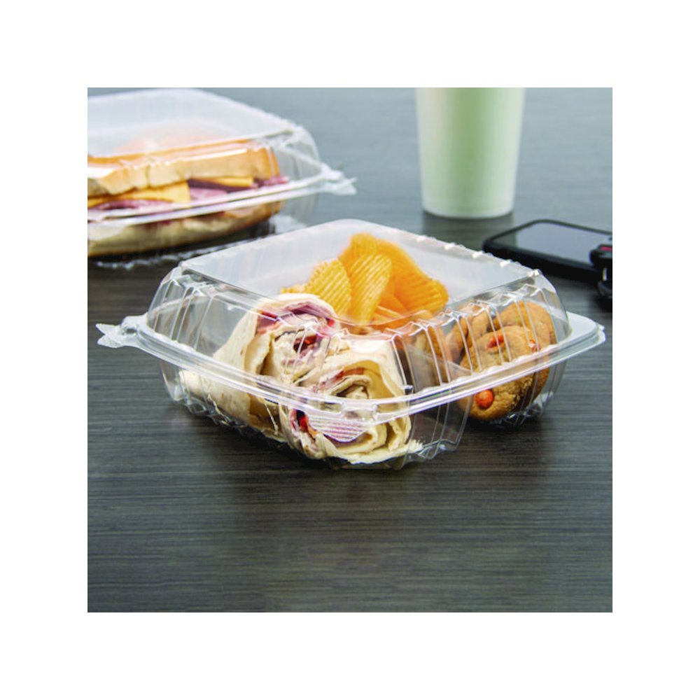 ClearSeal Hinged-Lid Plastic Containers, 8.25 x 8.25 x 3, Clear, Plastic, 125/Pack, 2 Packs/Carton. Picture 5