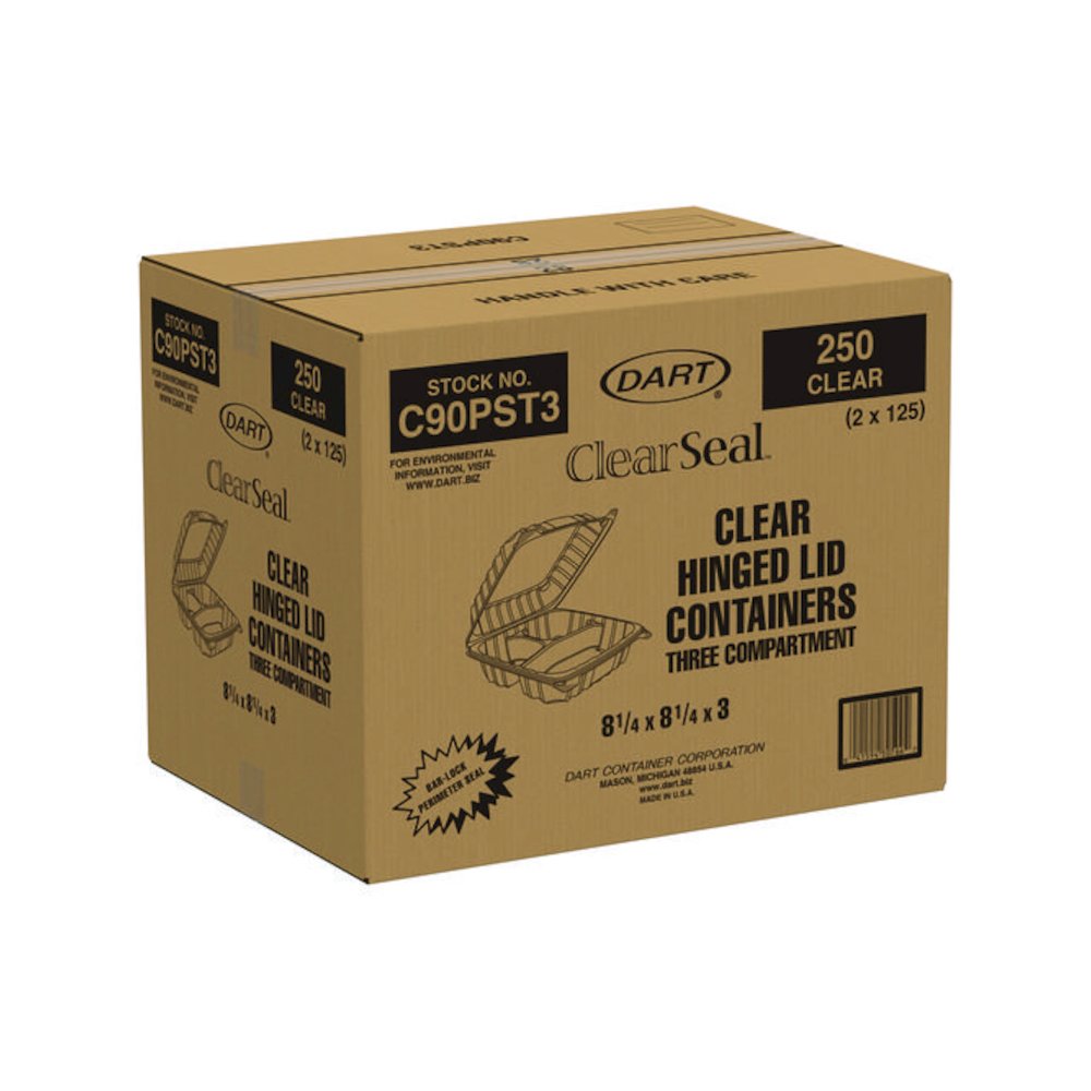 ClearSeal Hinged-Lid Plastic Containers, 8.25 x 8.25 x 3, Clear, Plastic, 125/Pack, 2 Packs/Carton. Picture 4
