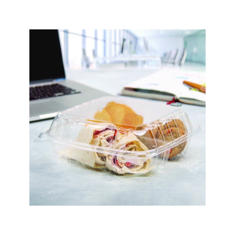 ClearSeal Hinged-Lid Plastic Containers, 8.25 x 8.25 x 3, Clear, Plastic, 125/Pack, 2 Packs/Carton. Picture 6