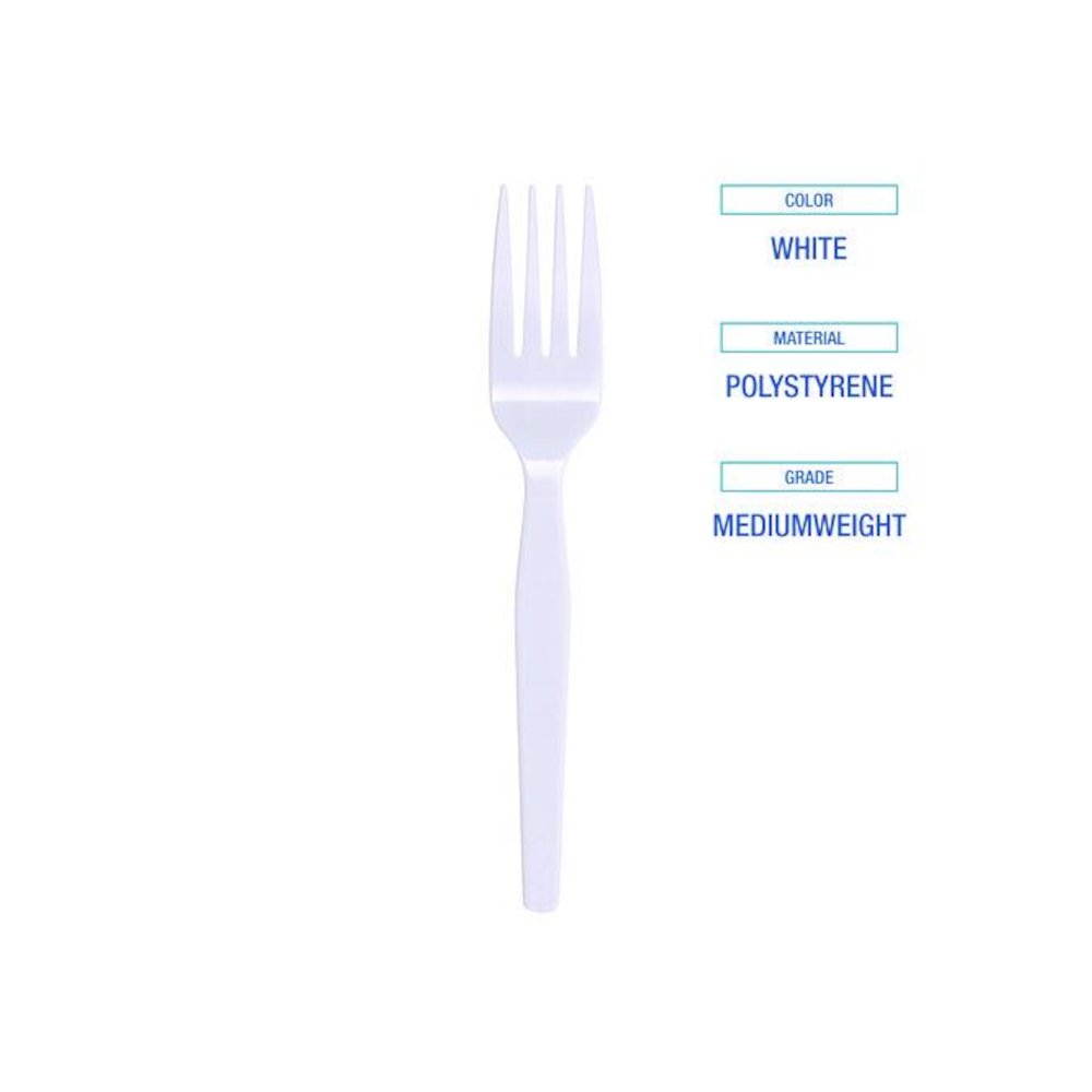 Mediumweight Polystyrene Cutlery, Fork, Plastic, White, 100/Box, 10 Boxes/Carton. Picture 5