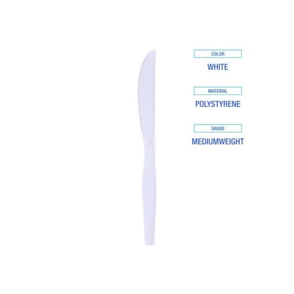 Mediumweight Polystyrene Cutlery, Knife, Plastic, White, 100/Box, 10 Boxes/Carton. Picture 5