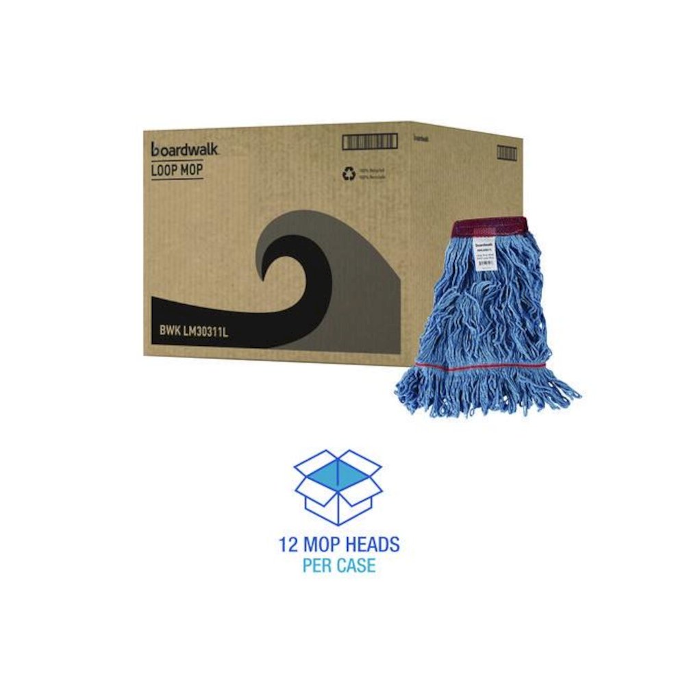 Cotton Mop Heads, Cotton/Synthetic, Large, Looped End, Wideband, Blue, 12/Carton. Picture 7
