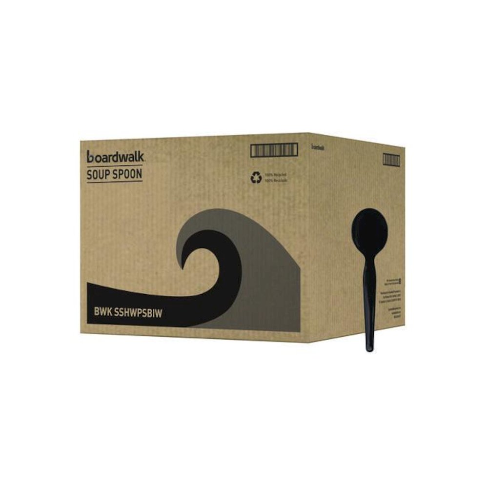 Heavyweight Wrapped Polystyrene Cutlery, Soup Spoon, Plastic, Black, 1,000/Carton. Picture 1