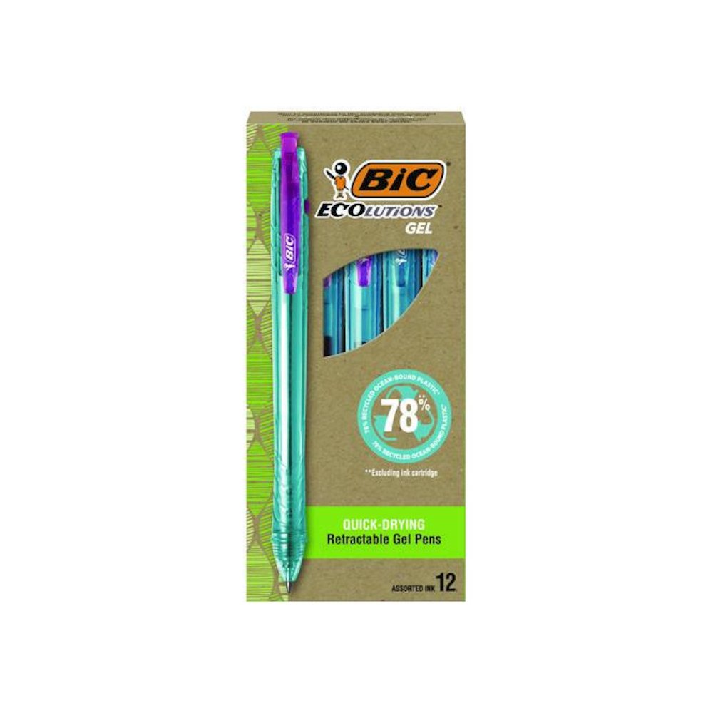 Ecolutions Gel Pen, Retractable, Medium 1 mm, Assorted Ink Colors, Blue Barrel, 12/Pack. Picture 1