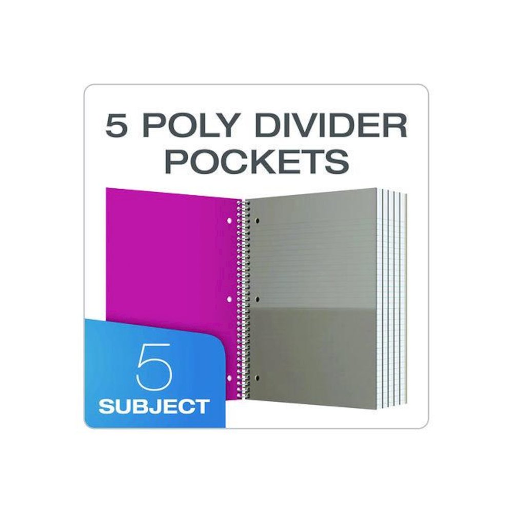 Five-Subject Notebook, Medium/College Rule, Randomly Assorted Cover Color, (200) 11 x 9 Sheets. Picture 3