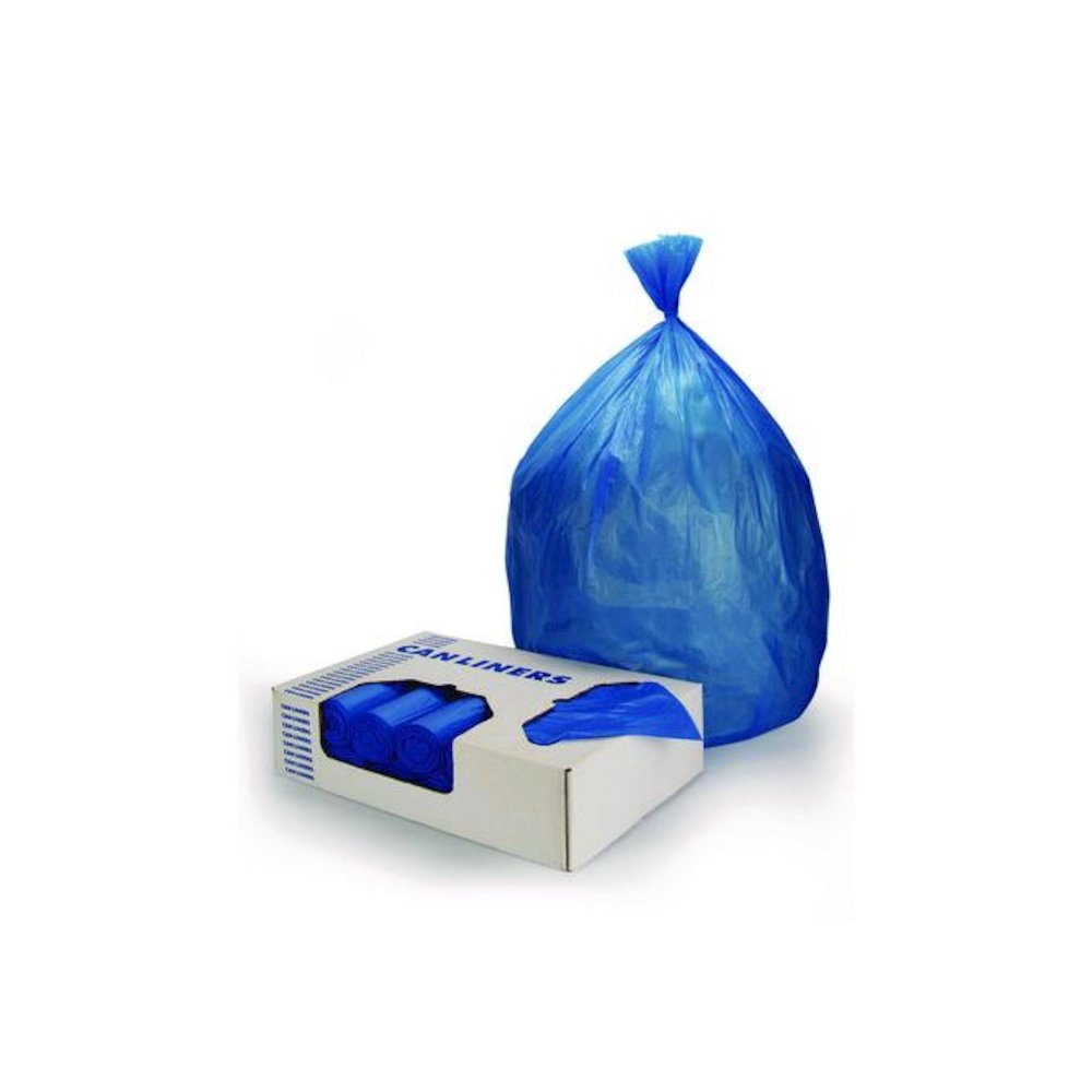 High-Density Waste Can Liners, 23 gal, 14 mic, 30" x 43", Blue, 25 Bags/Roll, 10 Rolls/Carton. Picture 1
