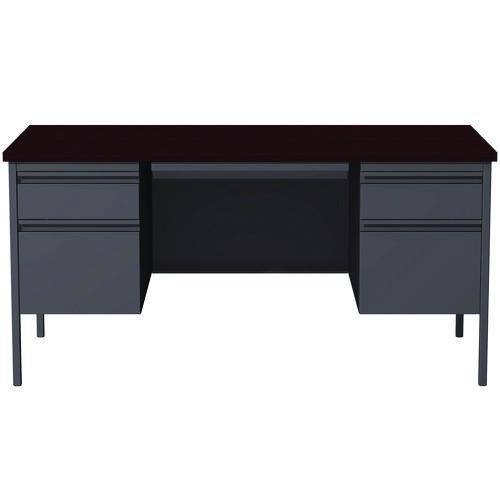 Double Pedestal Steel Desk, 60" x 30" x 29.5", Mahogany/Charcoal, Charcoal Legs. Picture 2